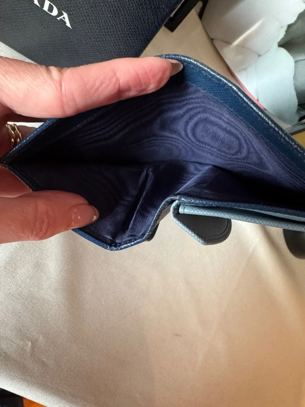 Prada Navy Saffiano Multicolor Leather Bifold Wallet with Gold Logo